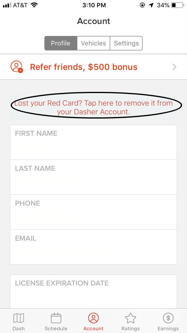 image of link you should click to report a lost red card on the Dasher app on iOS