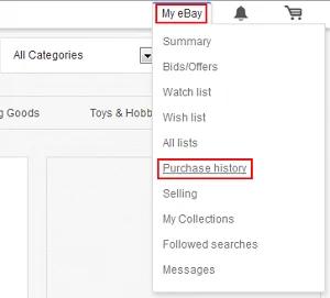 image of where the purchase history button is located on eBay's site