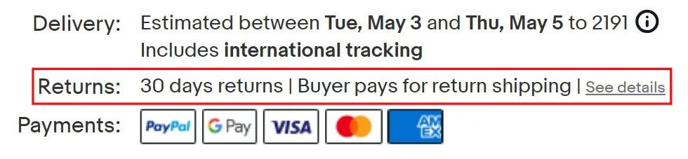 example of an eBay listing's returns window