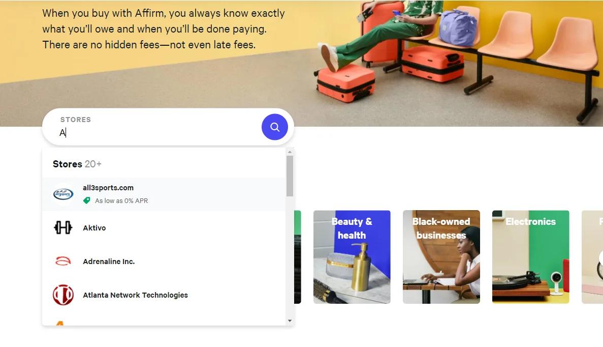 search function on the affirm.com homepage