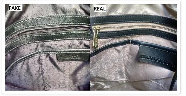 Image showing how stitching differs on a fake and real Michael Kors purse