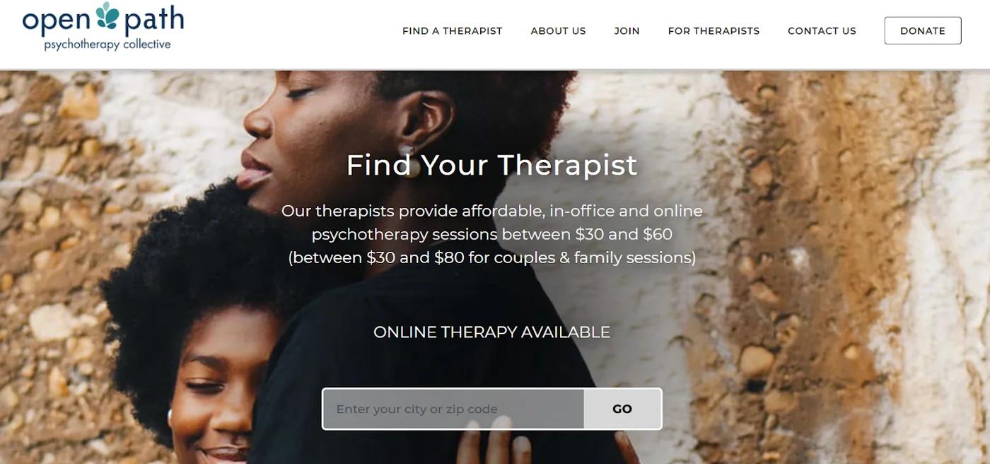 Screenshot of Open Path 'Find Your Therapist' zip code search box https://openpathcollective.org/