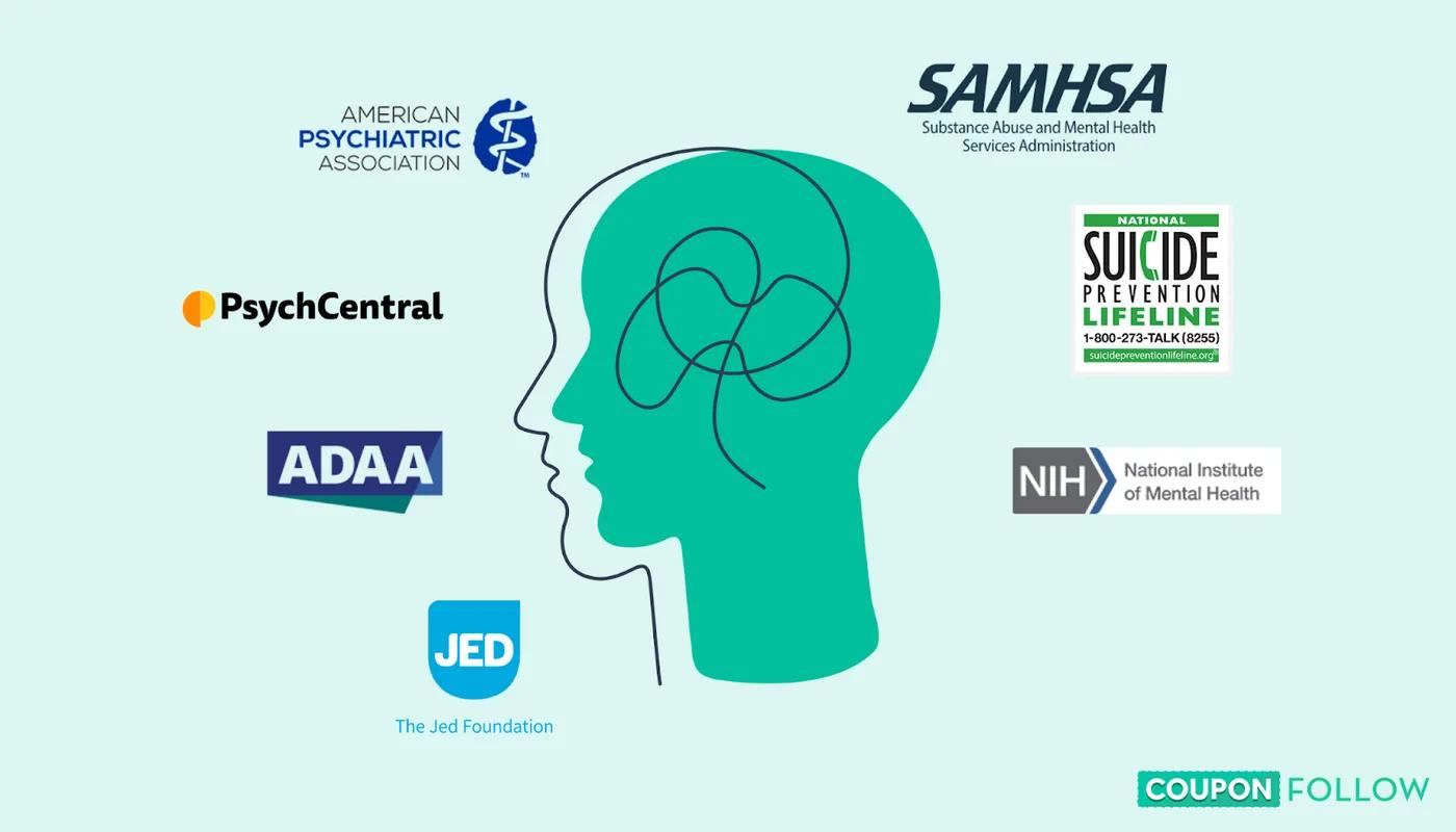 Graphic showing business logos of free mental health resources