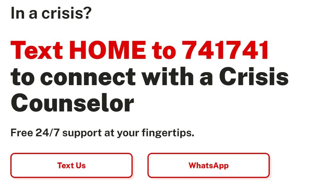 Image showing ways to contact the Crisis Text Line https://www.crisistextline.org/