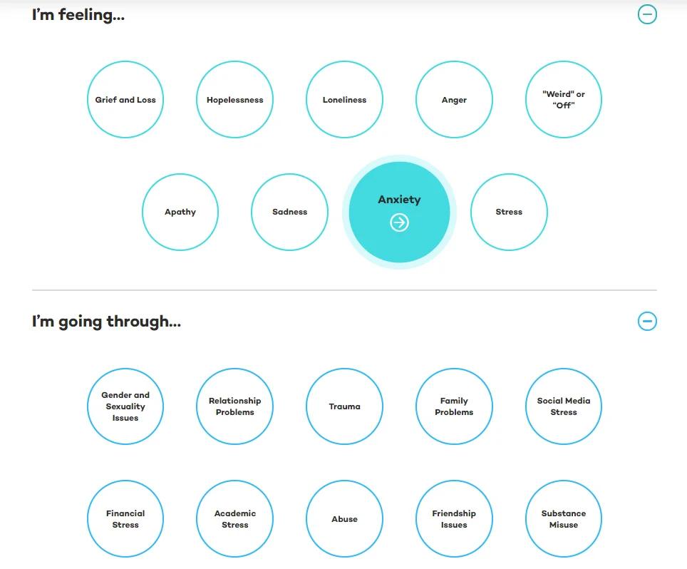 Graphic showing several clickable circles with symptoms and feelings named with them https://jedfoundation.org/i-want-to-take-care-of-my-mental-health/