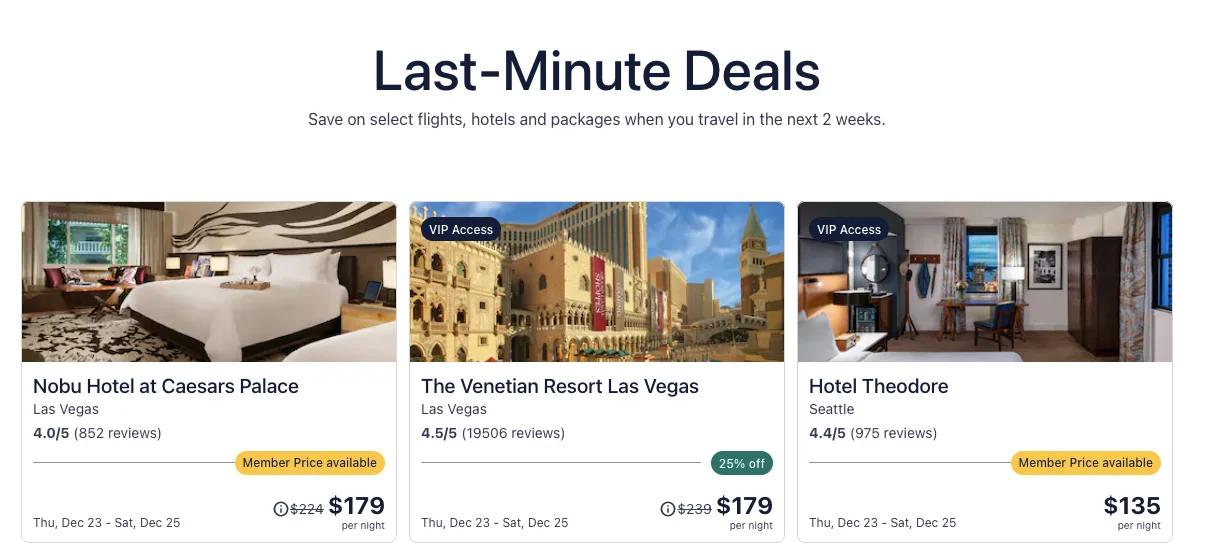 Screenshot of the Expedia site showing last-minute deals and promotions
