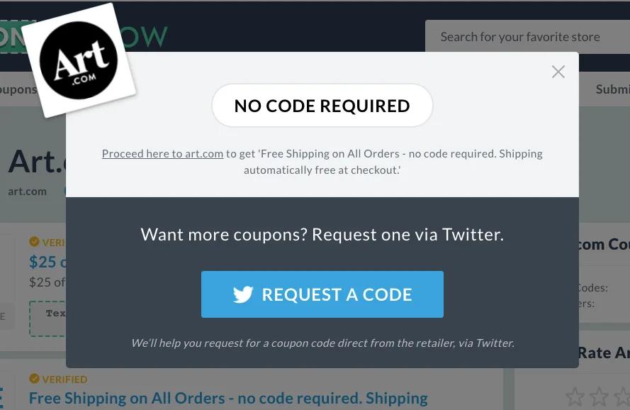 Screenshot from Sacodes's site showing the Art.com shipping at no charge discount