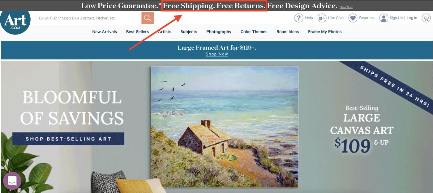 Screenshot of Art.com's homepage with their shipping at no charge and free returns banner