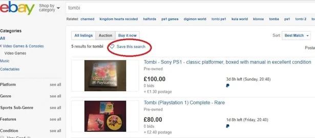 Image showcasing where the save the search button is located on eBay