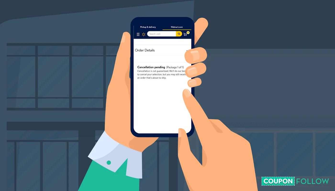 Illustration of mobile phone with Walmart cancelation notice on-screen