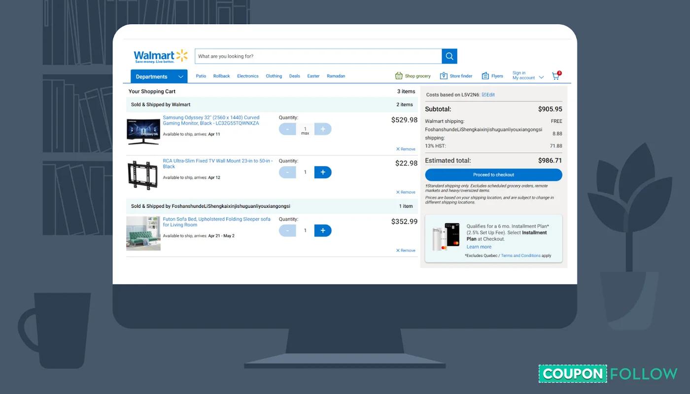 Illustration of computer screen with Walmart order on screen