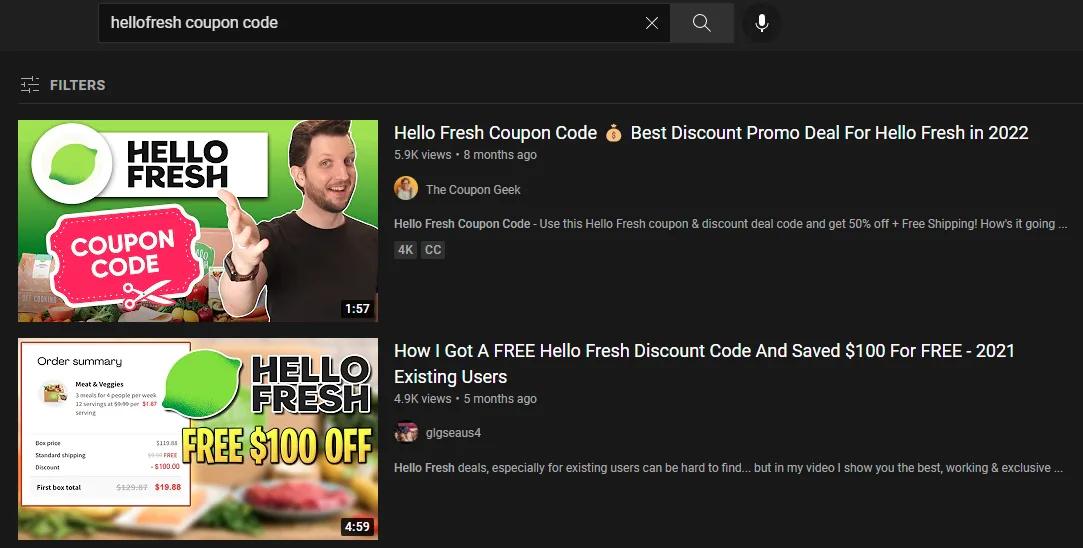 image showing an example of searching for a discount code on youtube