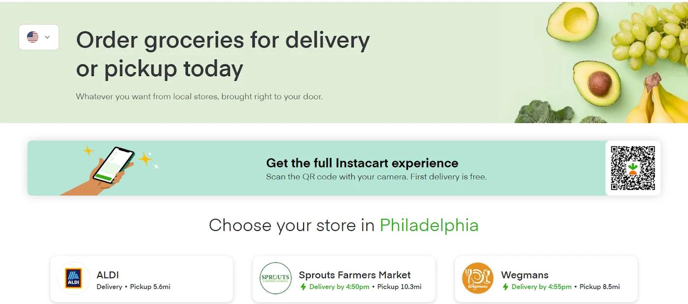 Screenshot of Instacart partner stores in the Philadelphia area