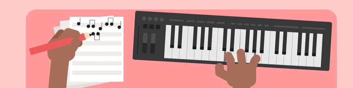 Person applying a keyboard and writing a song