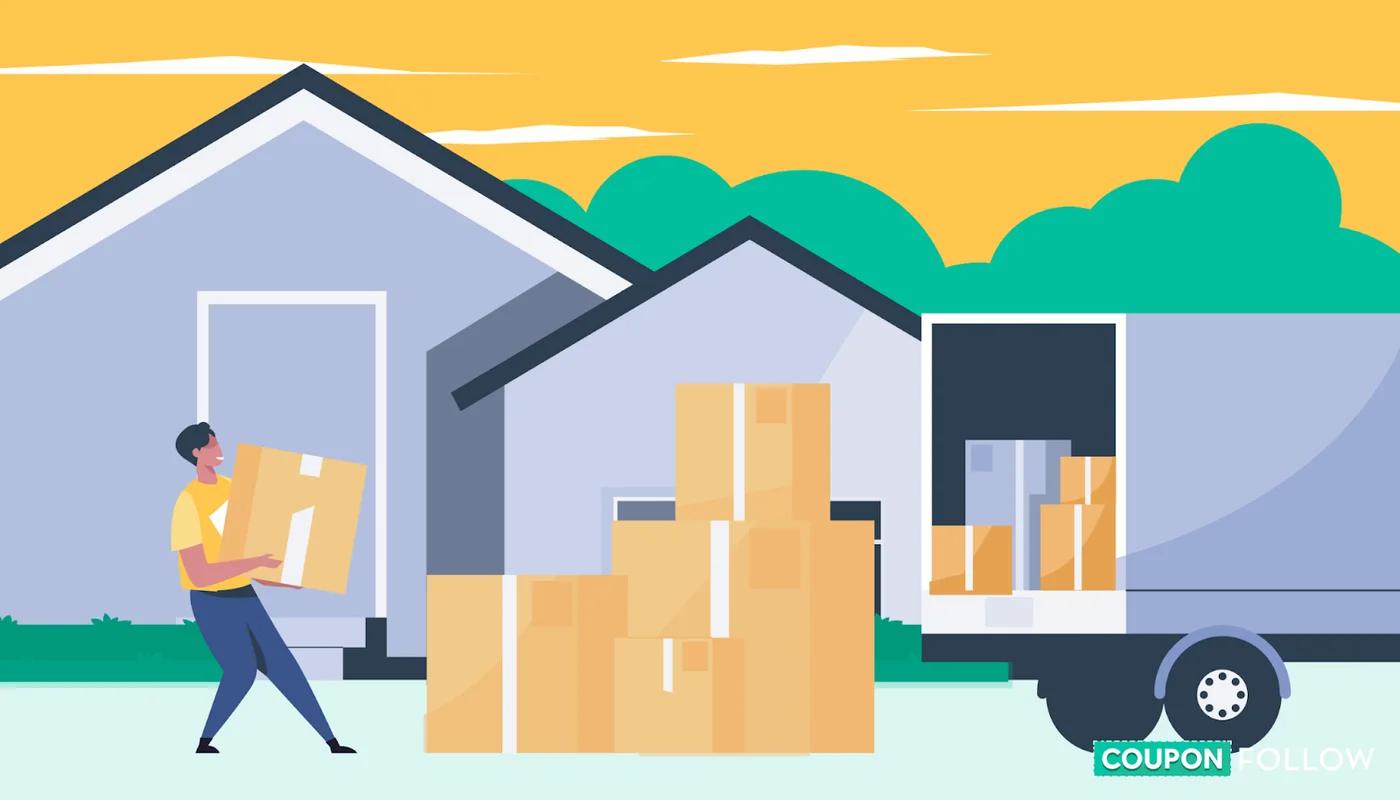 Illustration of student renting moving boxes into a truck
