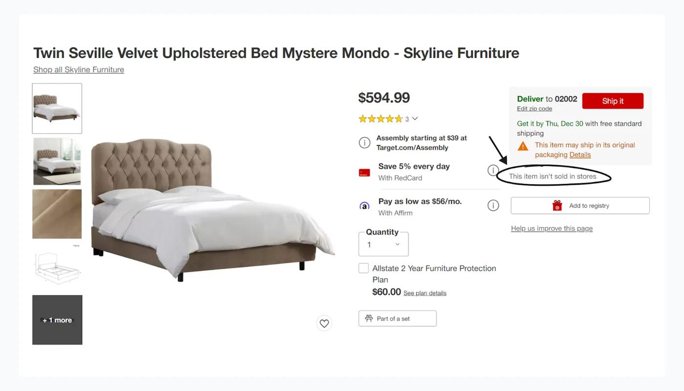 Image of a bed frame from Target that’s only offered online.