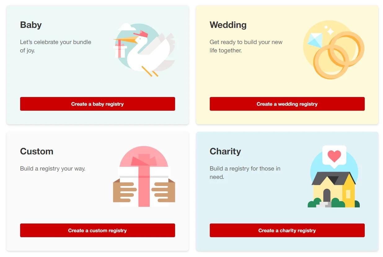 Target registry choices - baby, wedding, charity or custom