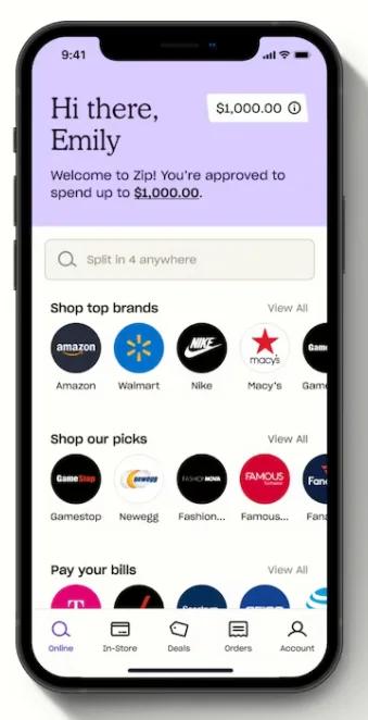 Screenshot of Zip Pay App home page